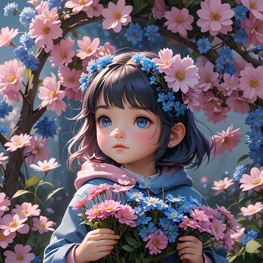 Anime Girl with Blue and Pink Flowers
