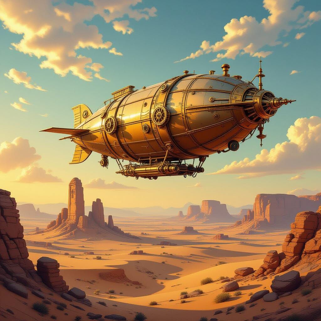 Steampunk Airship Over Ancient Desert Landscape