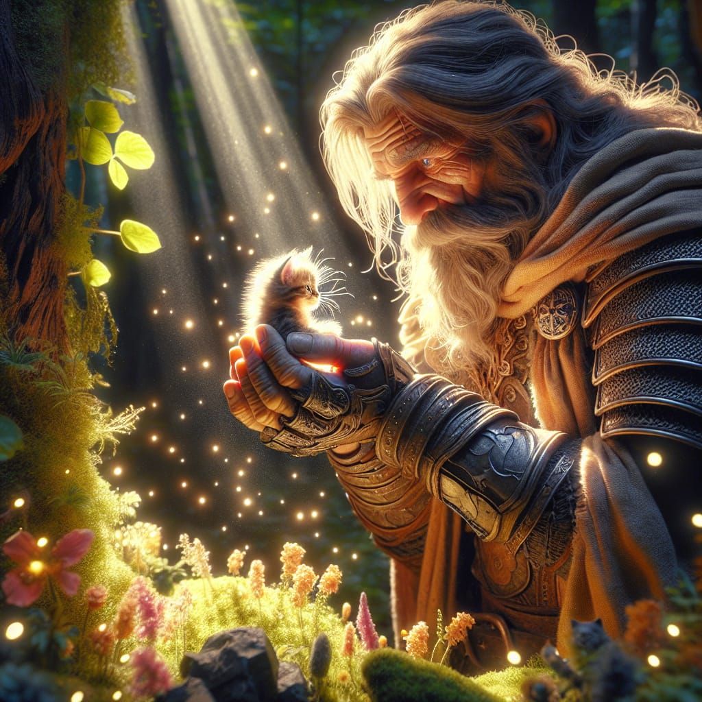 Warrior's Gentle Moment: Holding a Kitten in Sunlight