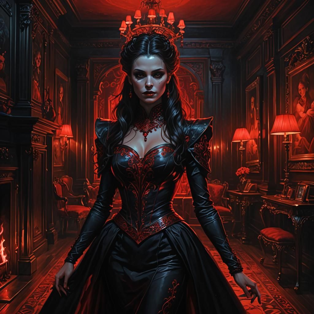 Hyperrealistic Dark Temptress in Red Underglow