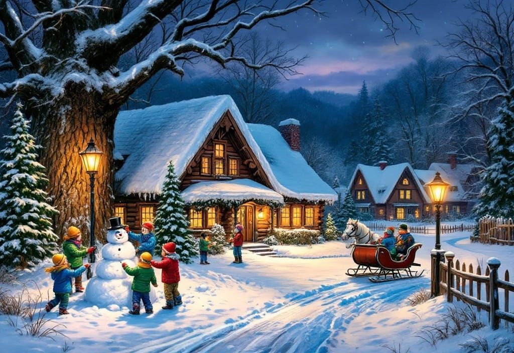 Festive Winter Village Scene with Children Building Snowman