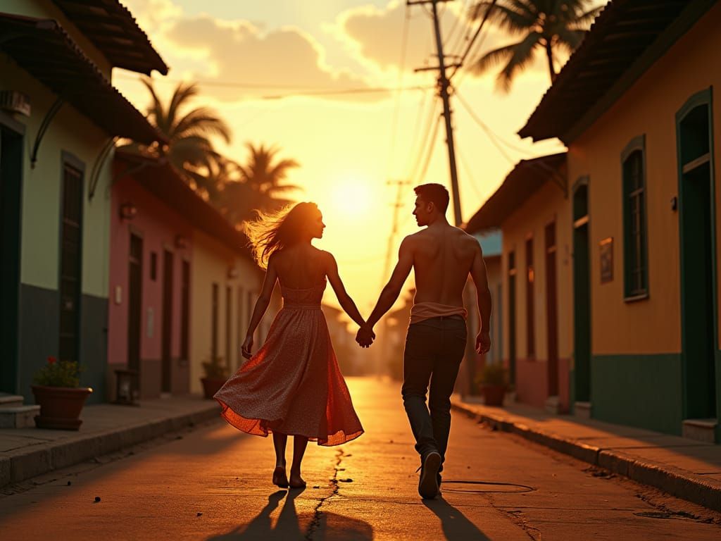 Dancing Couple in Favela: Cinematic Film Still