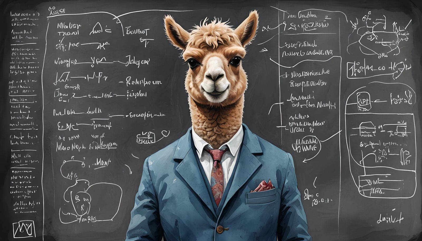 Grinning Alpaca Professor in Gouache Painting Style