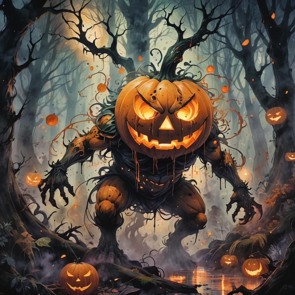 Mystical Jack-o'-Lantern Creature in Watercolor Anime Style