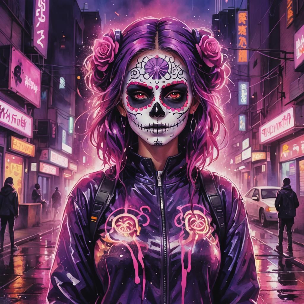 Cyberpunk Sugar Skull in Watercolor Anime Style