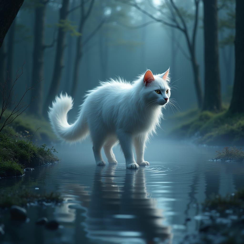 Ethereal Cat Spirit Amidst Misty Forest Pond