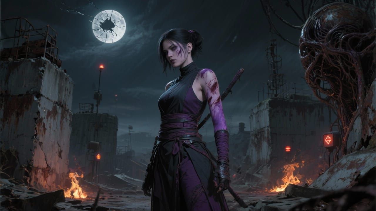 Bruised Purple Woman Amidst Ruined Cityscape