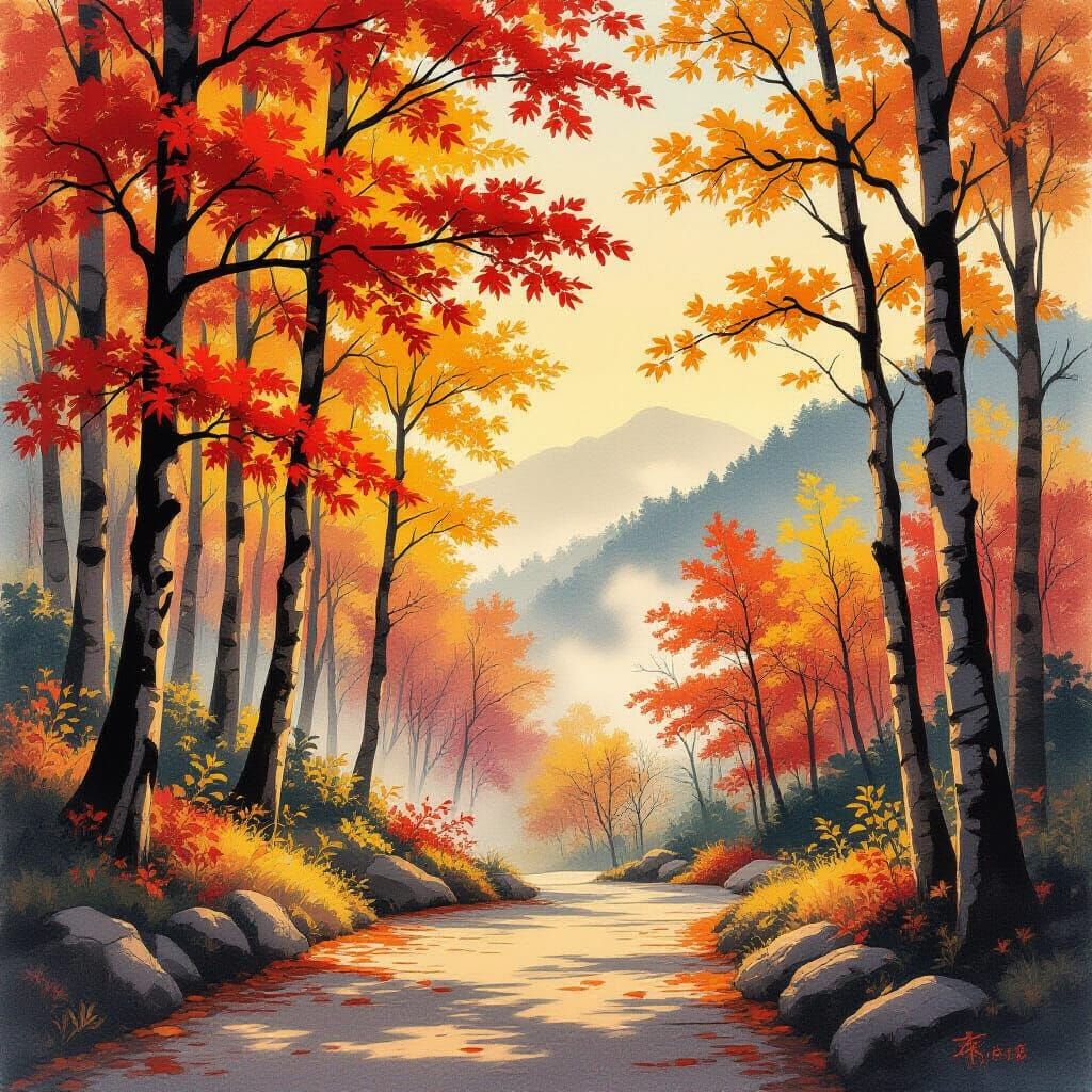 Vibrant Korean Autumn Forest Landscape in Ink Wash Style