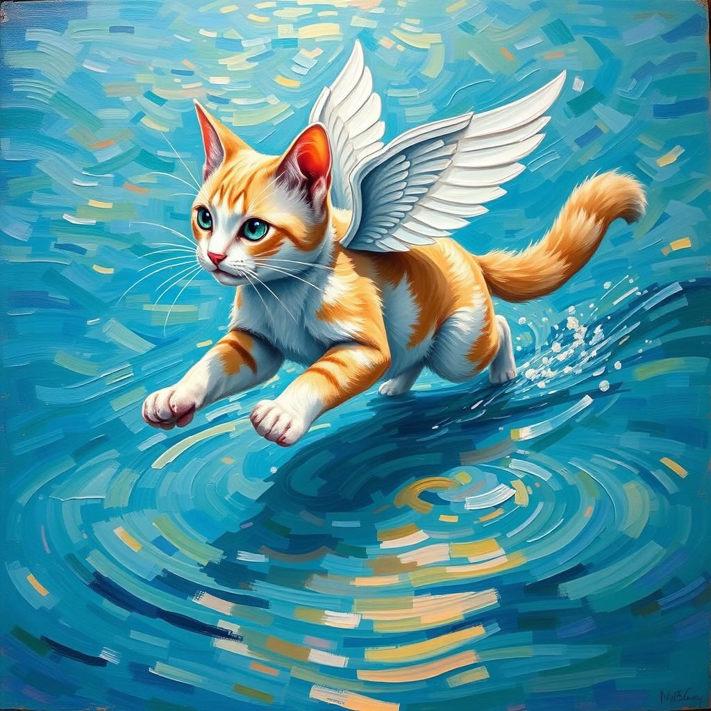 Winged Cat Running on Water in Impasto Style