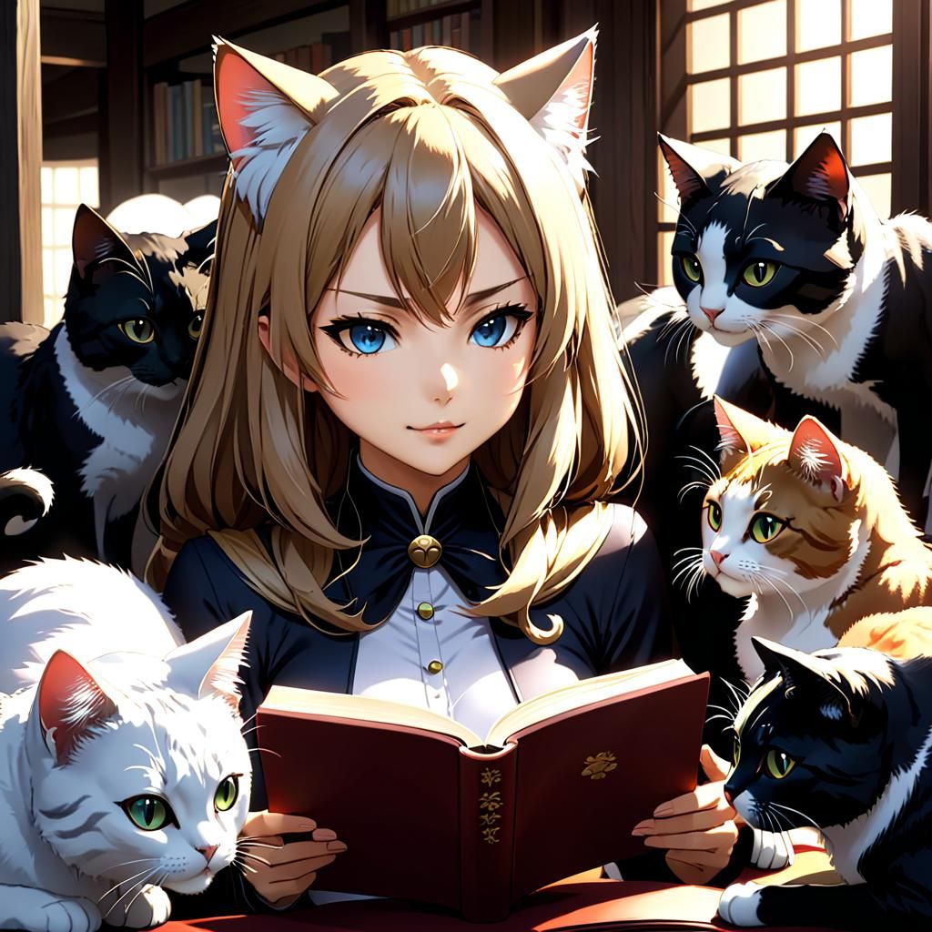 Catgirl's Story: Anime-Style Cats Reading Together