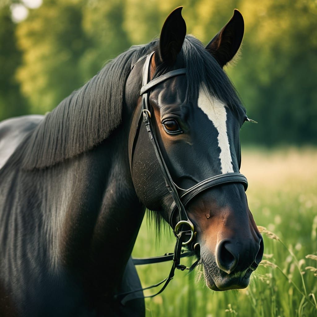 Regal Friesian Horse in a Verdant Meadow