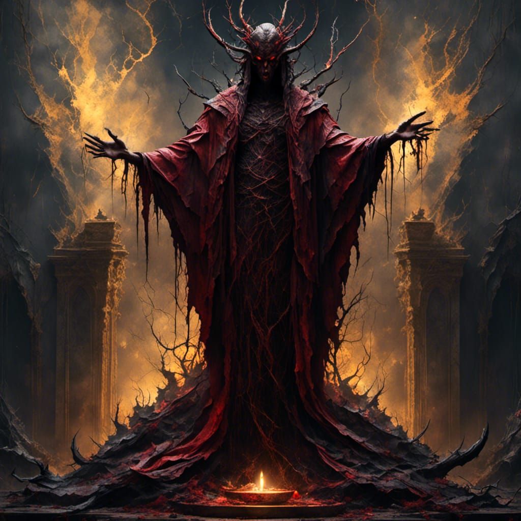 Sneering Demon Acolyte at Unholy Altar in Dark Fantasy Style