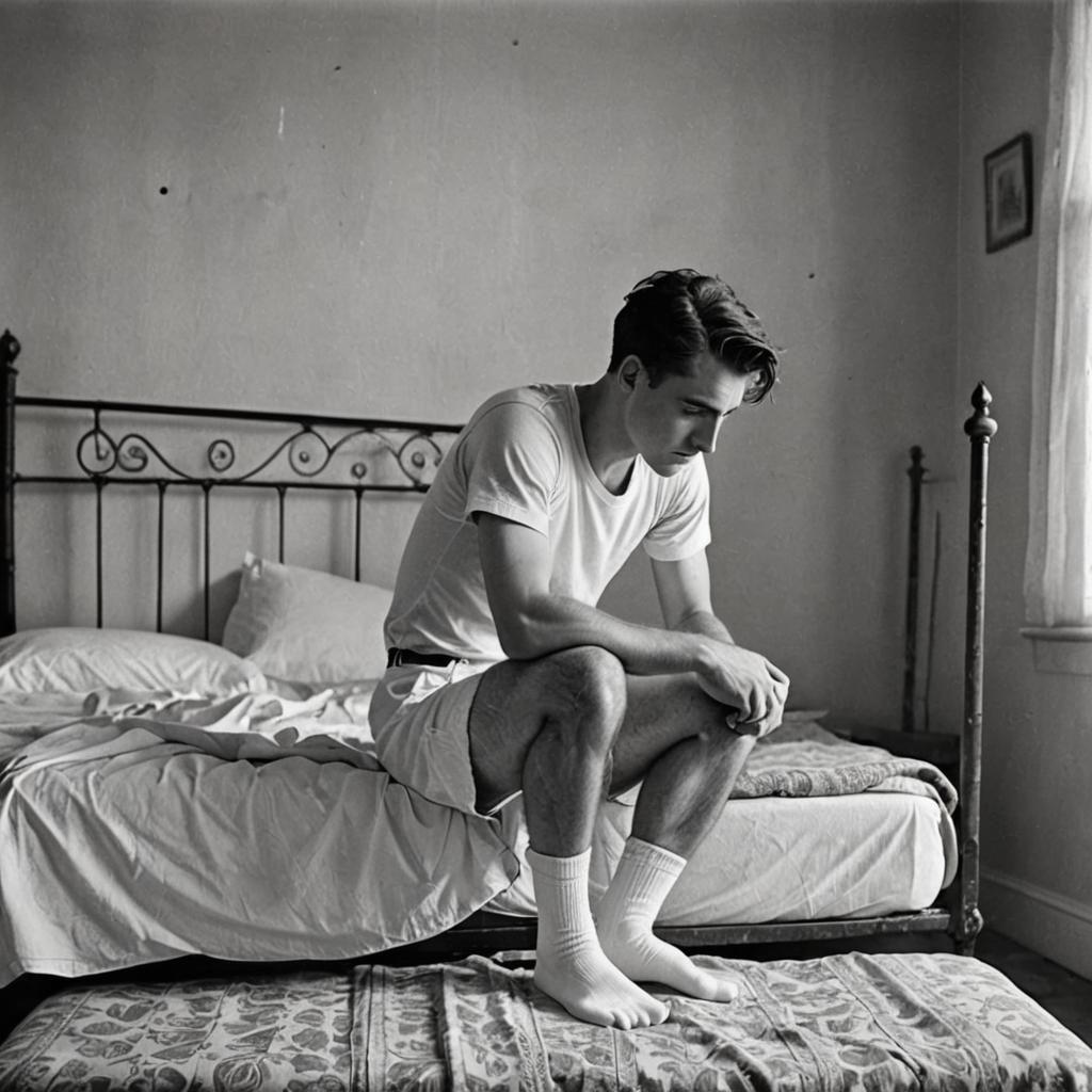 1930s Black and White Photo of Young Man Dressing