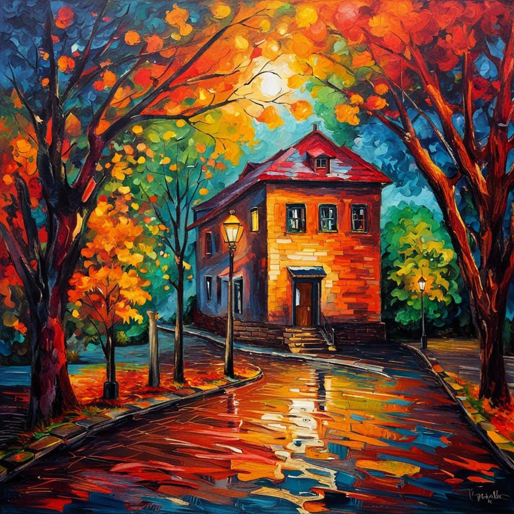 Vibrant Neon Autumn Street in Expressionist Style