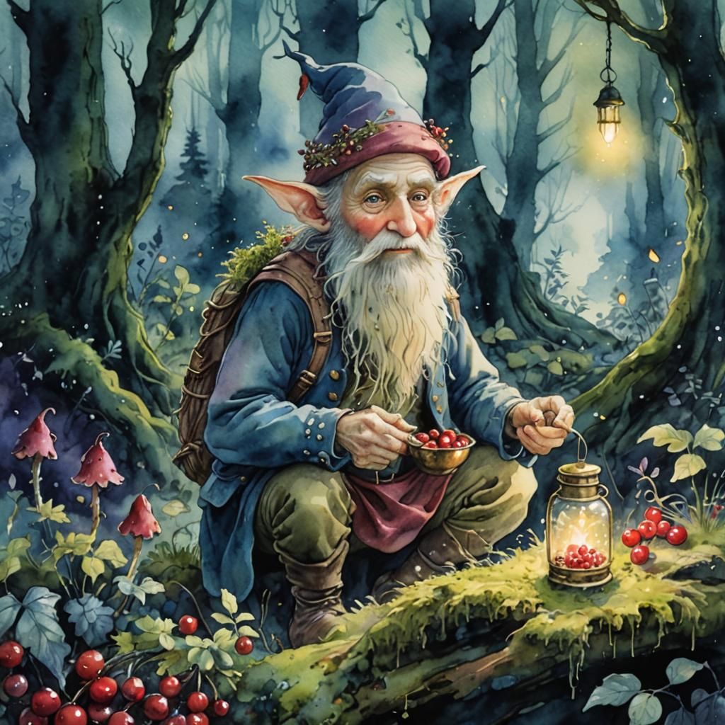 Forest Elf Brews Cranberries: Whimsical Watercolor