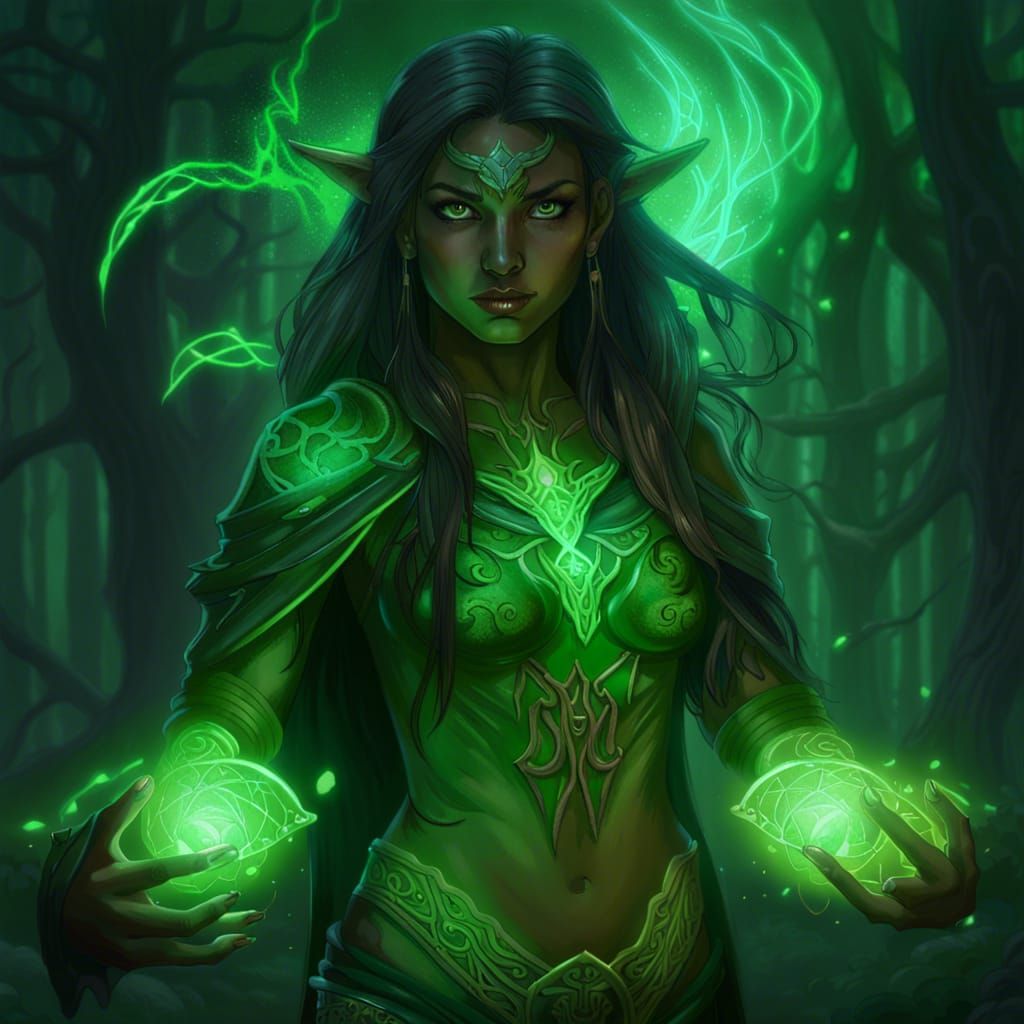 Half-Elf Mage Casting Green Magic Spell