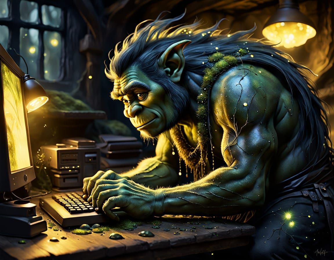 Troll Typing at Computer in Noir Oil Painting Style