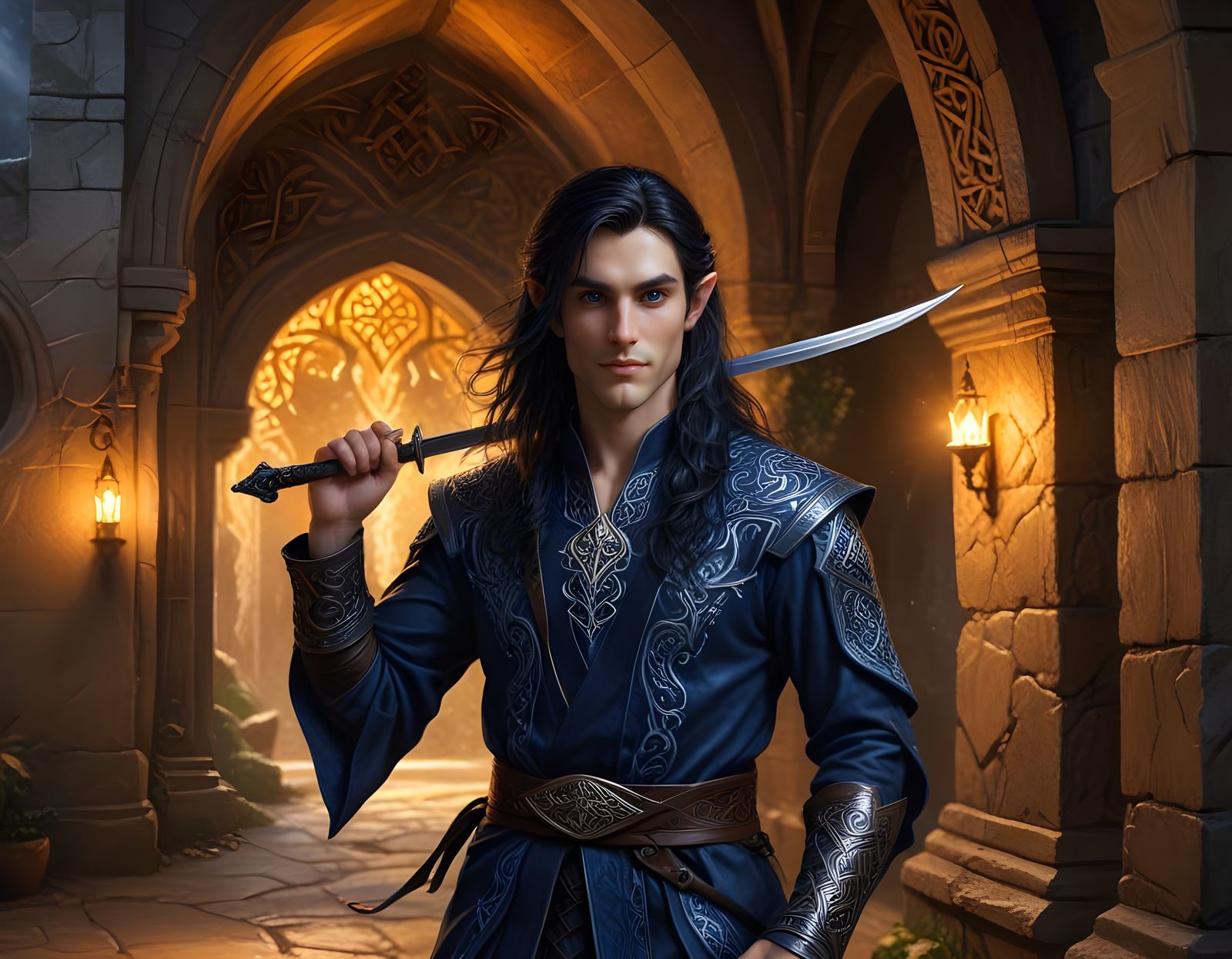 Handsome Elf Warrior in Celtic Style Oil Painting