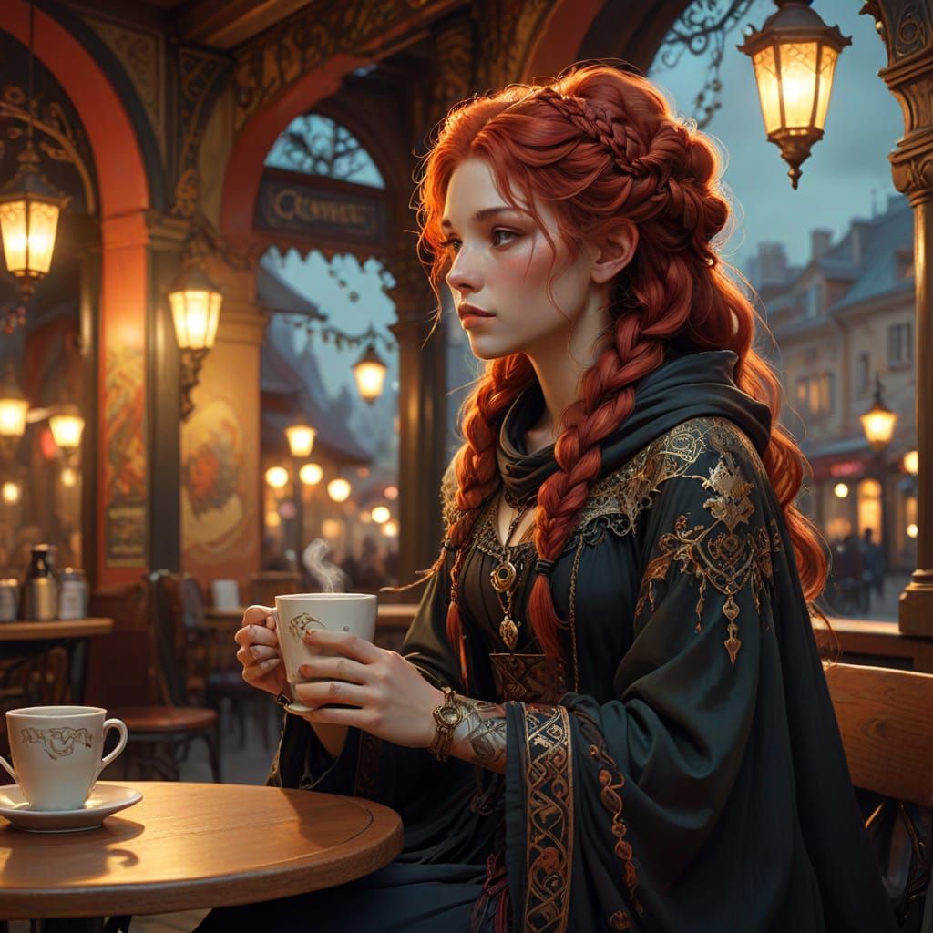 Enchanting Witch Sipping Coffee in Whimsical Cafe