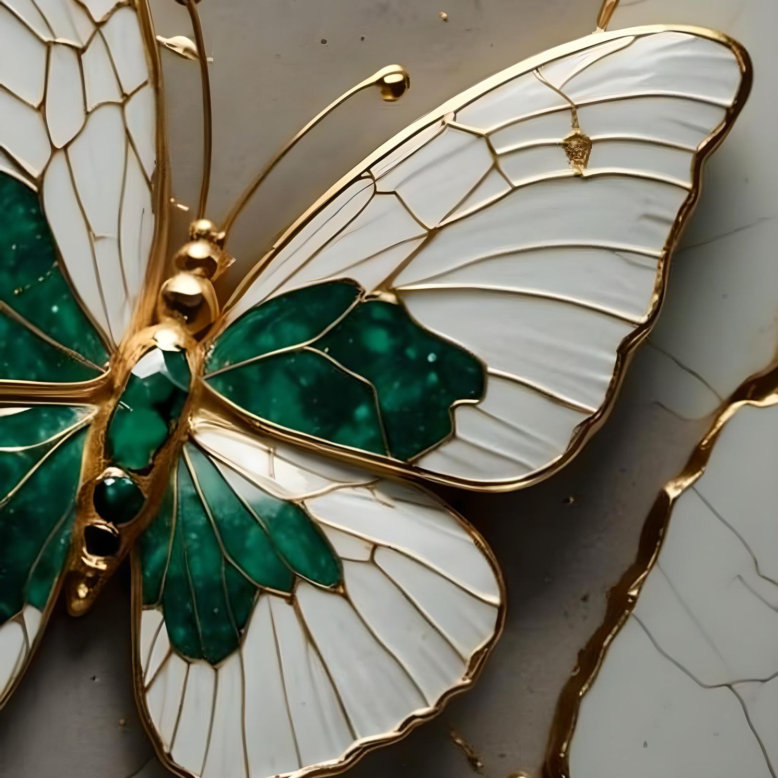 Kintsugi Butterfly Close-Up with Emerald Gem