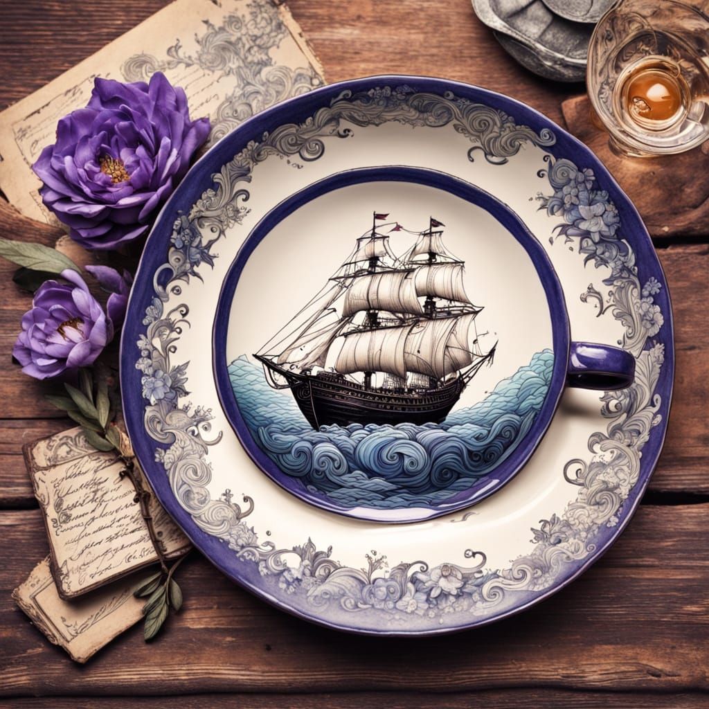 Galleon in a Whimsical Teacup Scene