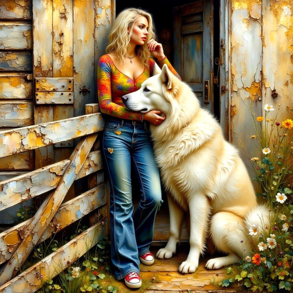 Sassy Woman with Dog, Oil Painting in Fantasy Style