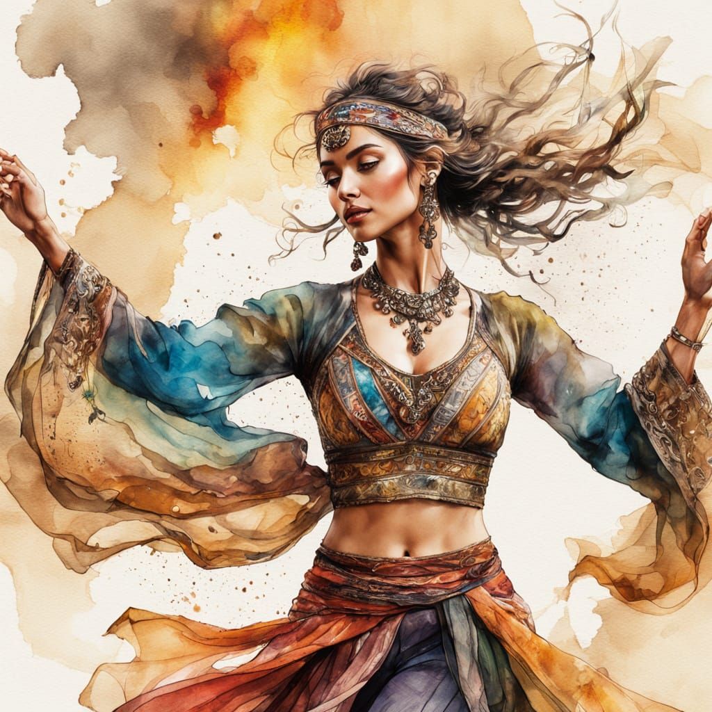 Gypsy Dancer in Watercolor Illustration with Golden Hour