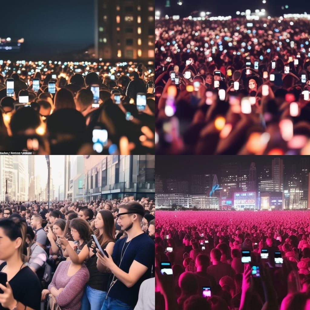 large crowd of people all staring at their phones, people an...