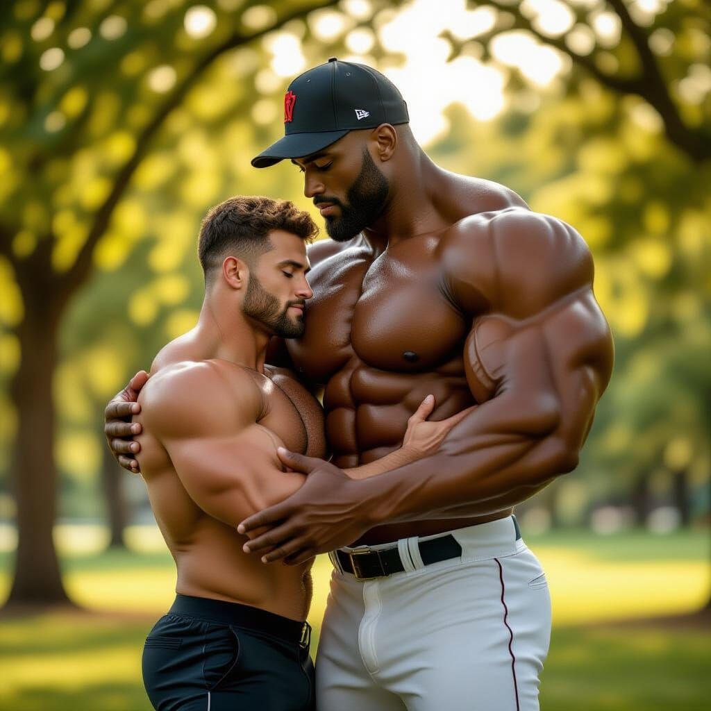 Bodybuilder Hugs Giant Baseball Player in Park