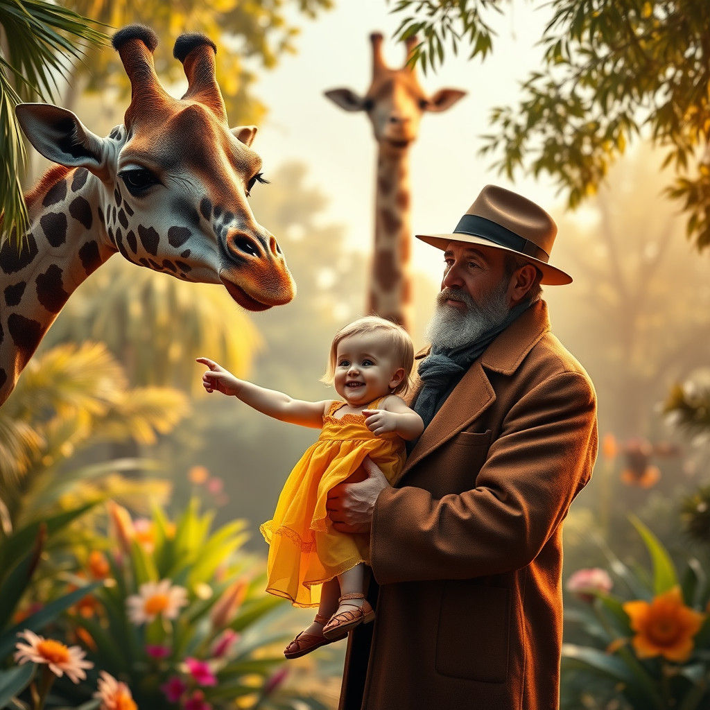 Father and Child Gaze at Giraffe, Dreamlike Matte Painting