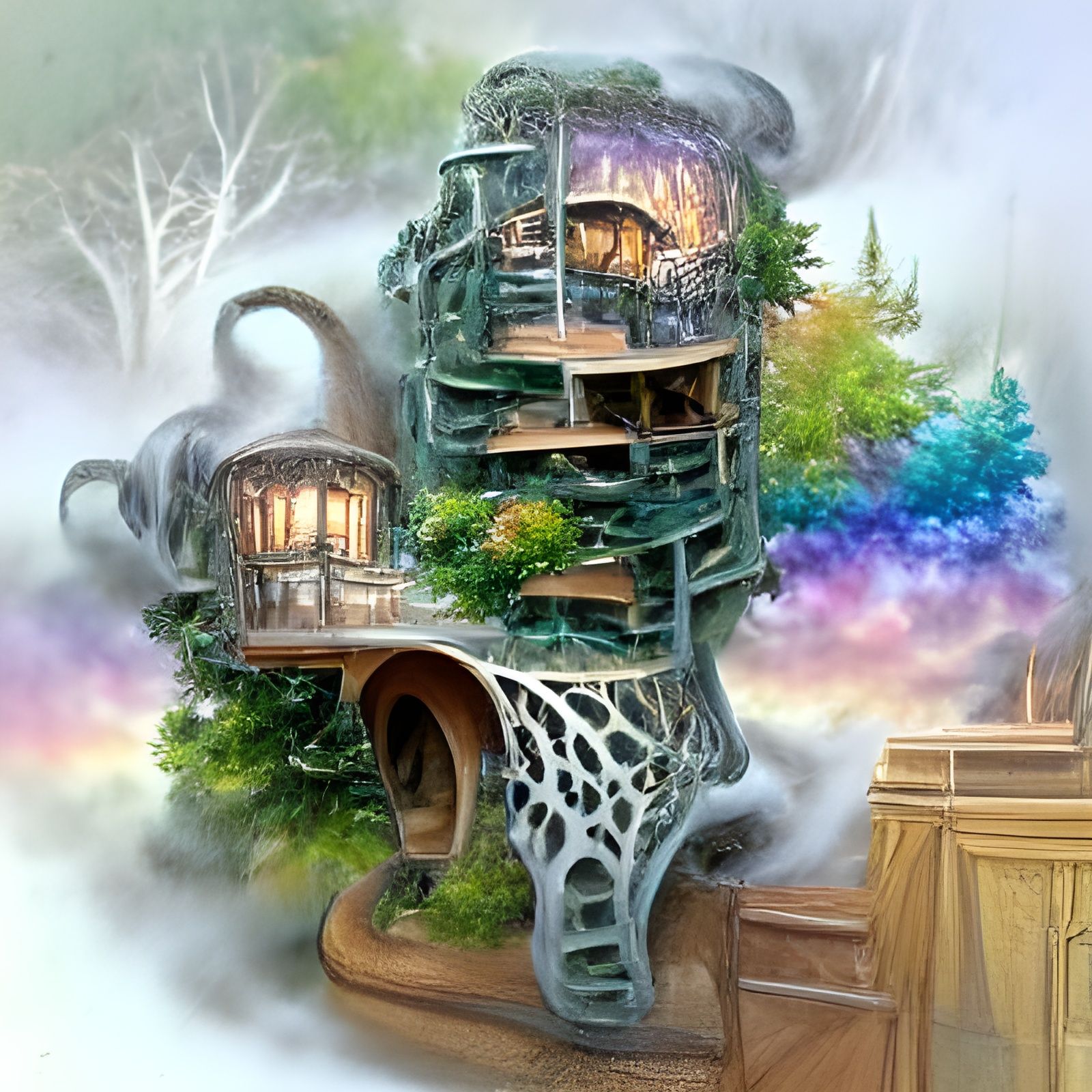 Fantasy forest treehouse with spiral staircase Leading to three levels and then a rooftop patio