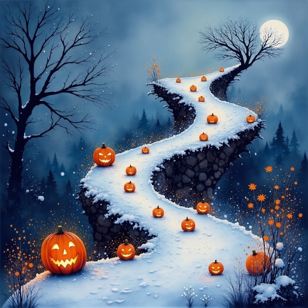 Snowy Spiral Hill with Jack-o'-Lanterns, Inksplash Fairy Sty...