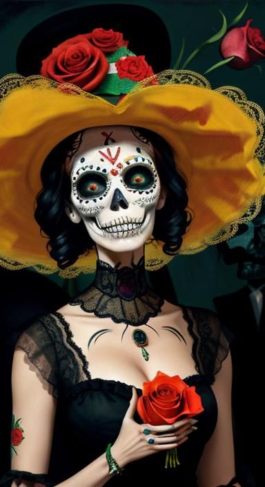 La Calavera Catrina with Flowers in Expressionist Style
