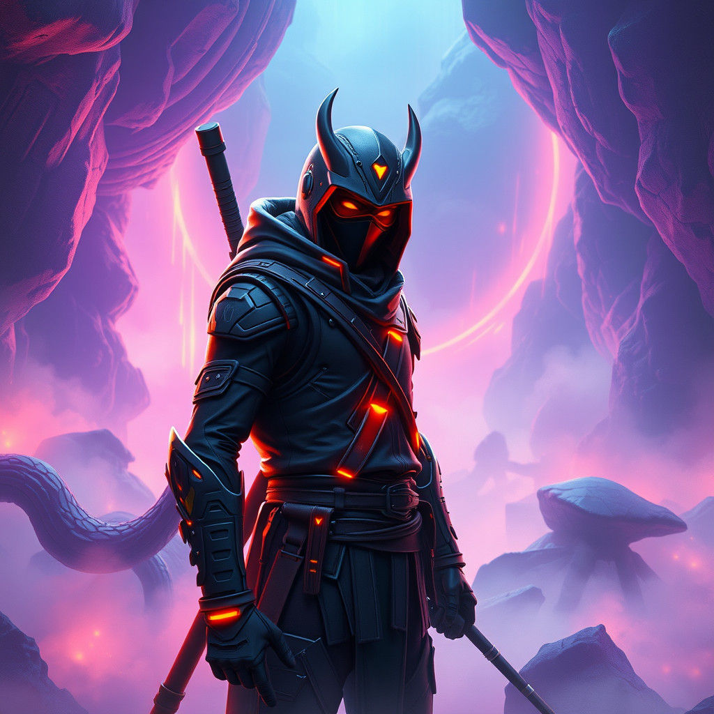 Futuristic Ninja in Neon Landscape: 8k Matte Painting