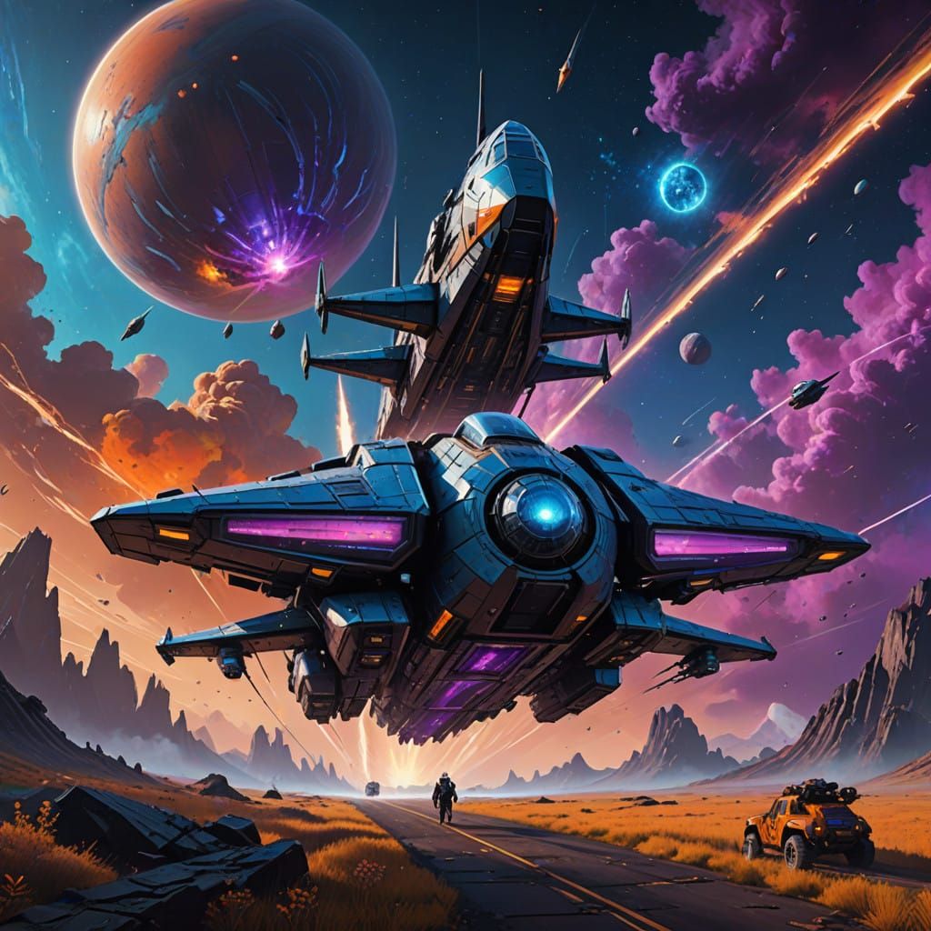 Gleaming Spaceship in Electric Blue Nebula