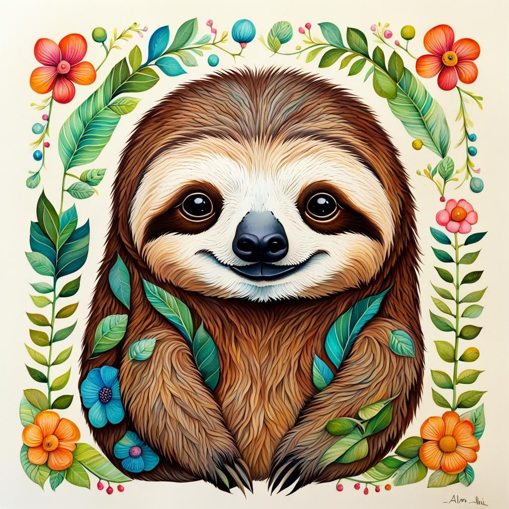 Cute Sloth Portrait in Folk Art Cartoon Style