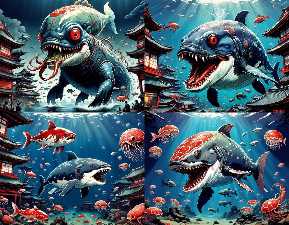 Japanese Mythical Hybrid City in Dark Ukiyo-e Style