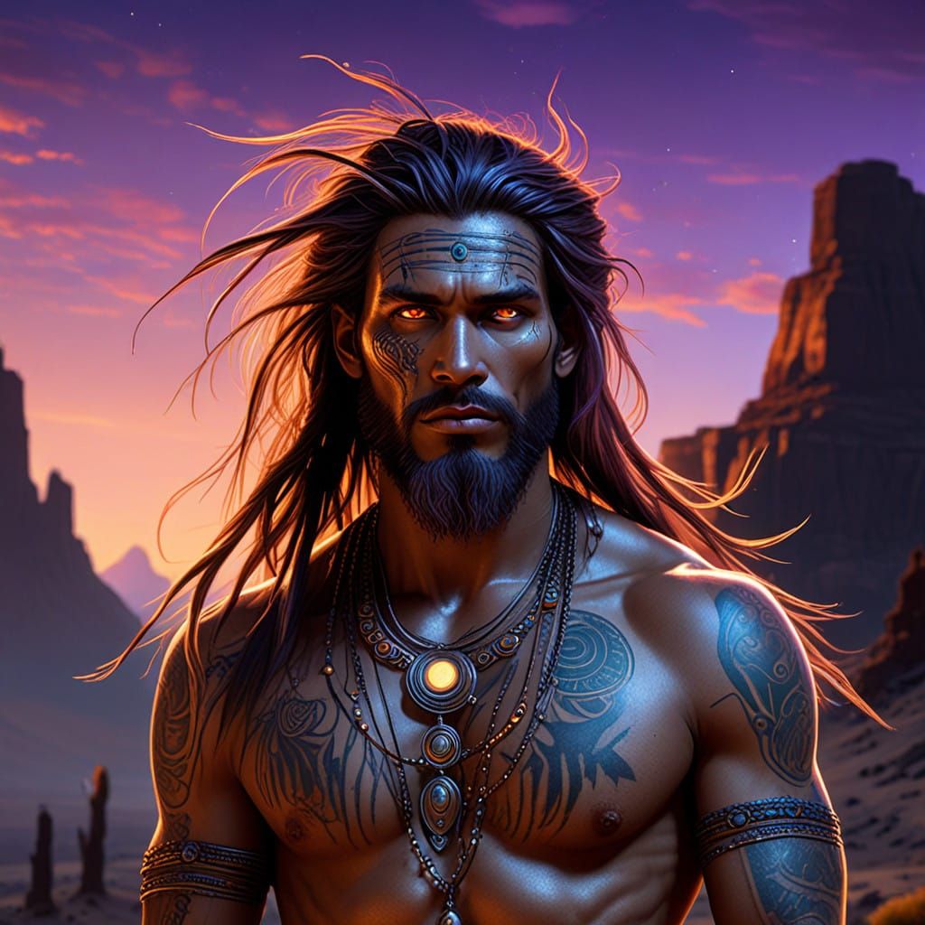 Ethereal Desert Warrior in Vibrant Metallic Armor