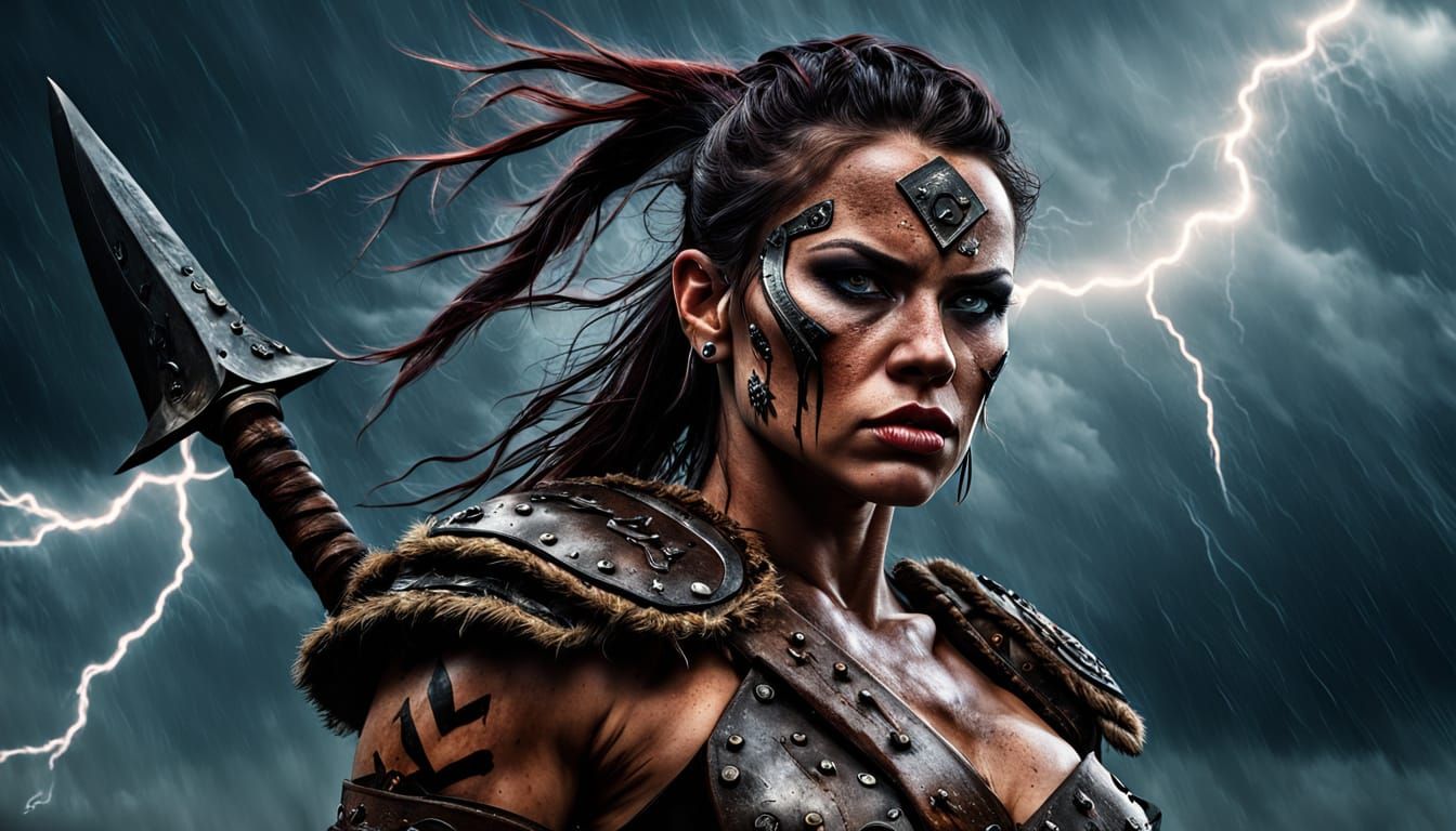 Cyberpunk Barbarian Warrior Illuminated by Thunderstorm