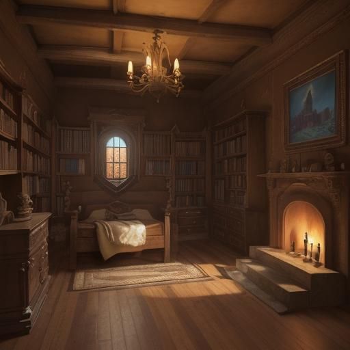 Adobe bedroom, carved wooden bed, Mexican ceramic tile floor, cast iron sconce with lit candles on the wall, rounded ad...