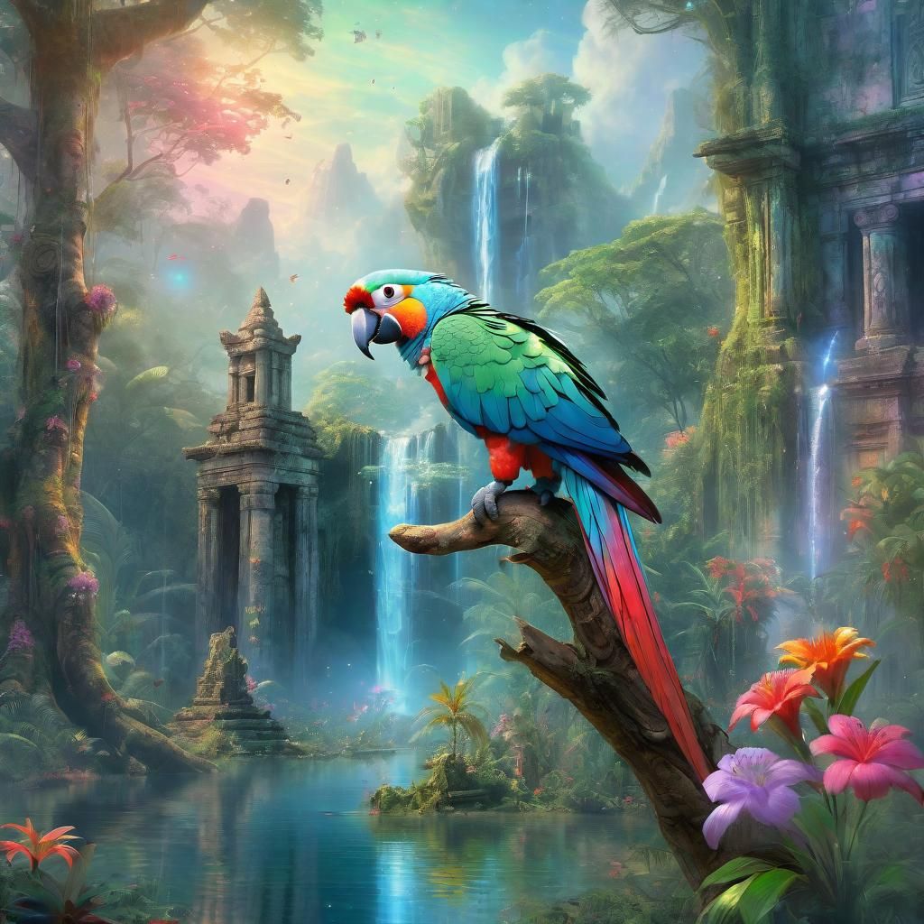 Jungle Parrot in Temple Ruins: Astral Illustration