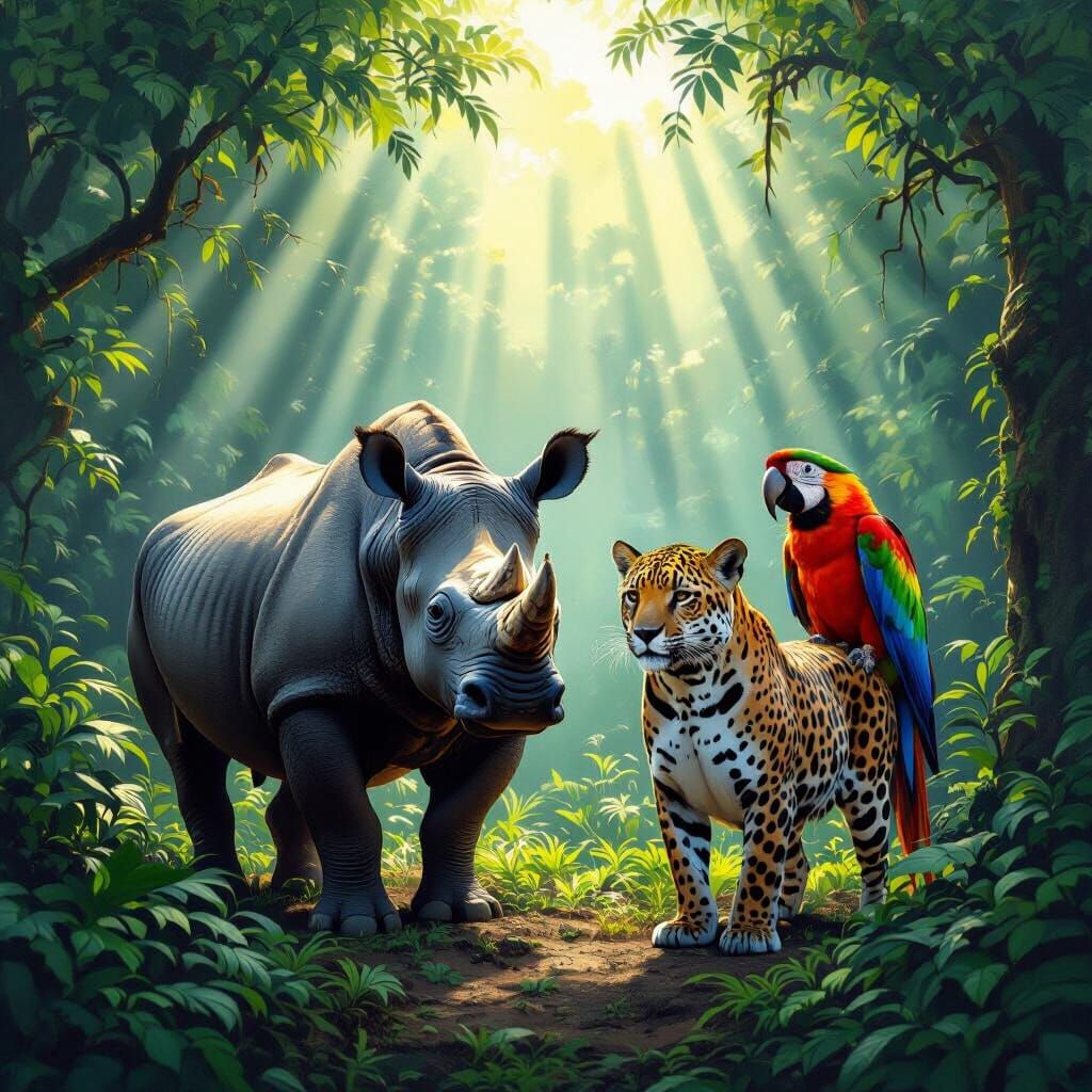 Endangered Animals in Sunlit Rainforest Digital Painting