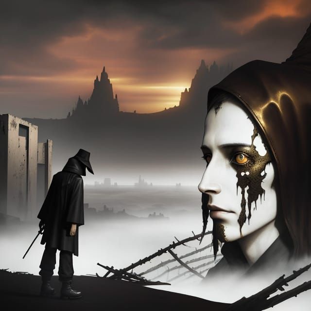Eerie Stalker in Desolate Landscape: Dark Fantasy Digital Pa...
