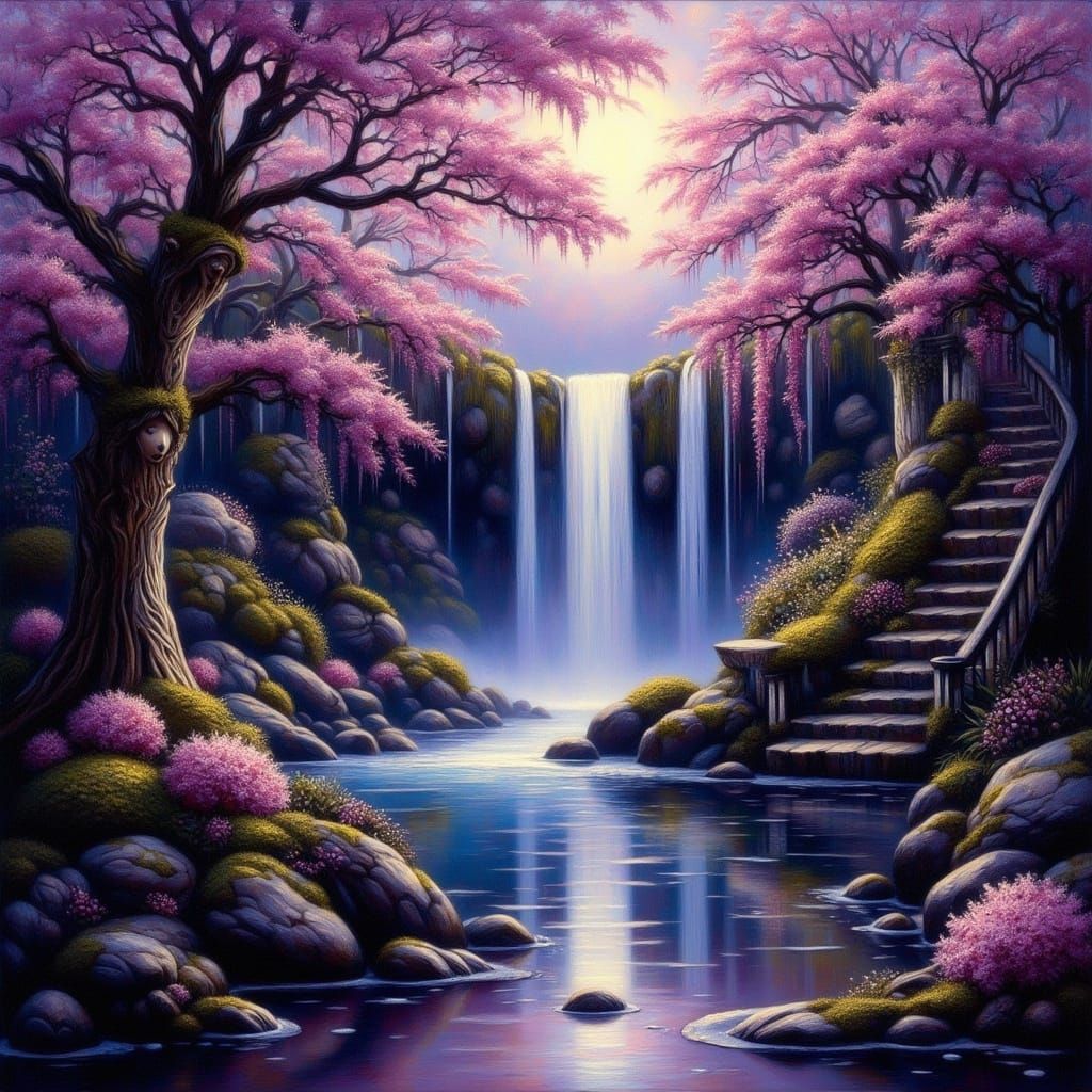 Romantic Gothic Waterfall with Cherry Blossoms