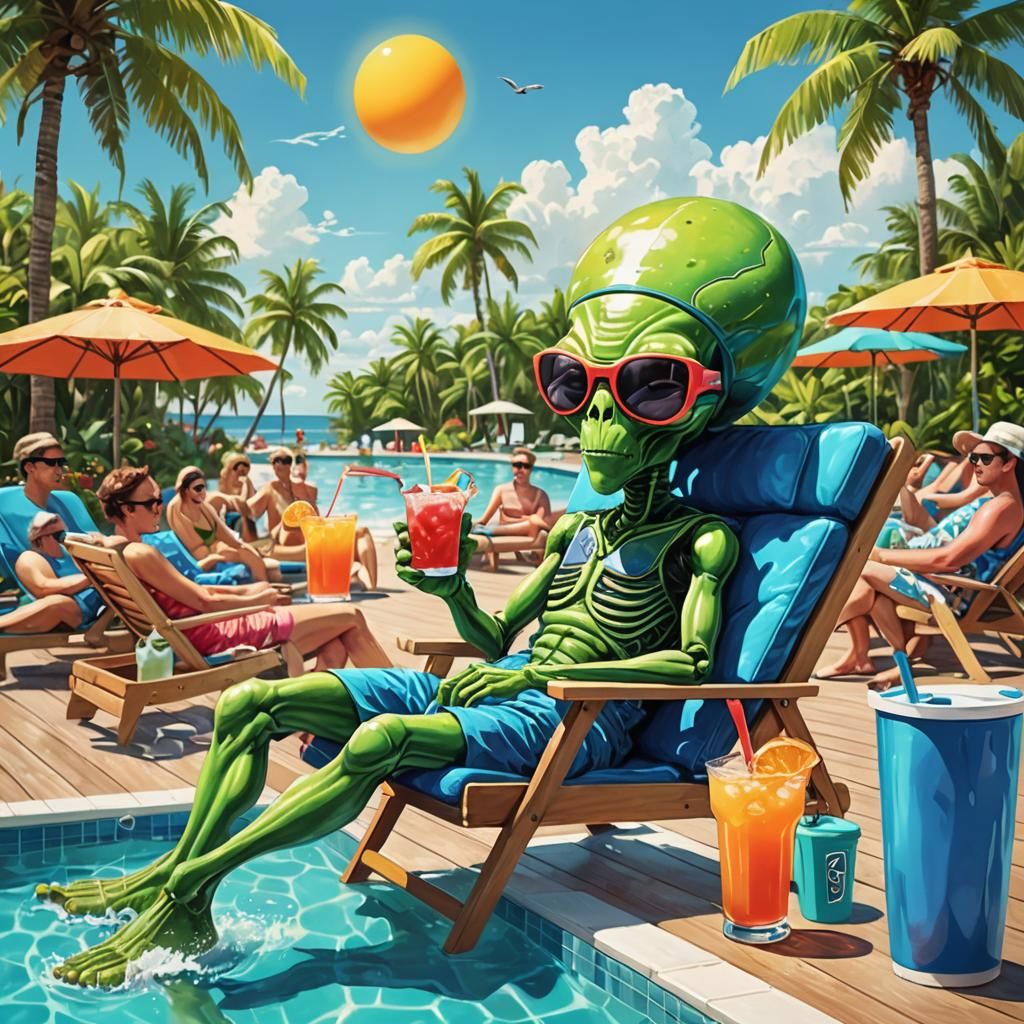 Alien Poolside Relaxation: Humorous Digital Art