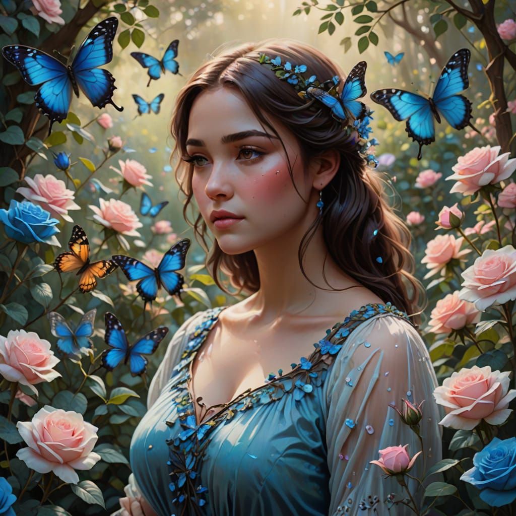 Curvy Woman in Butterfly Garden Holding Blue Roses