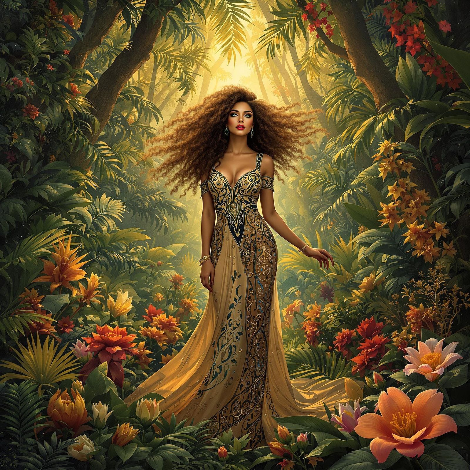 Surreal Art Nouveau Goddess Amidst Tropical Jungle