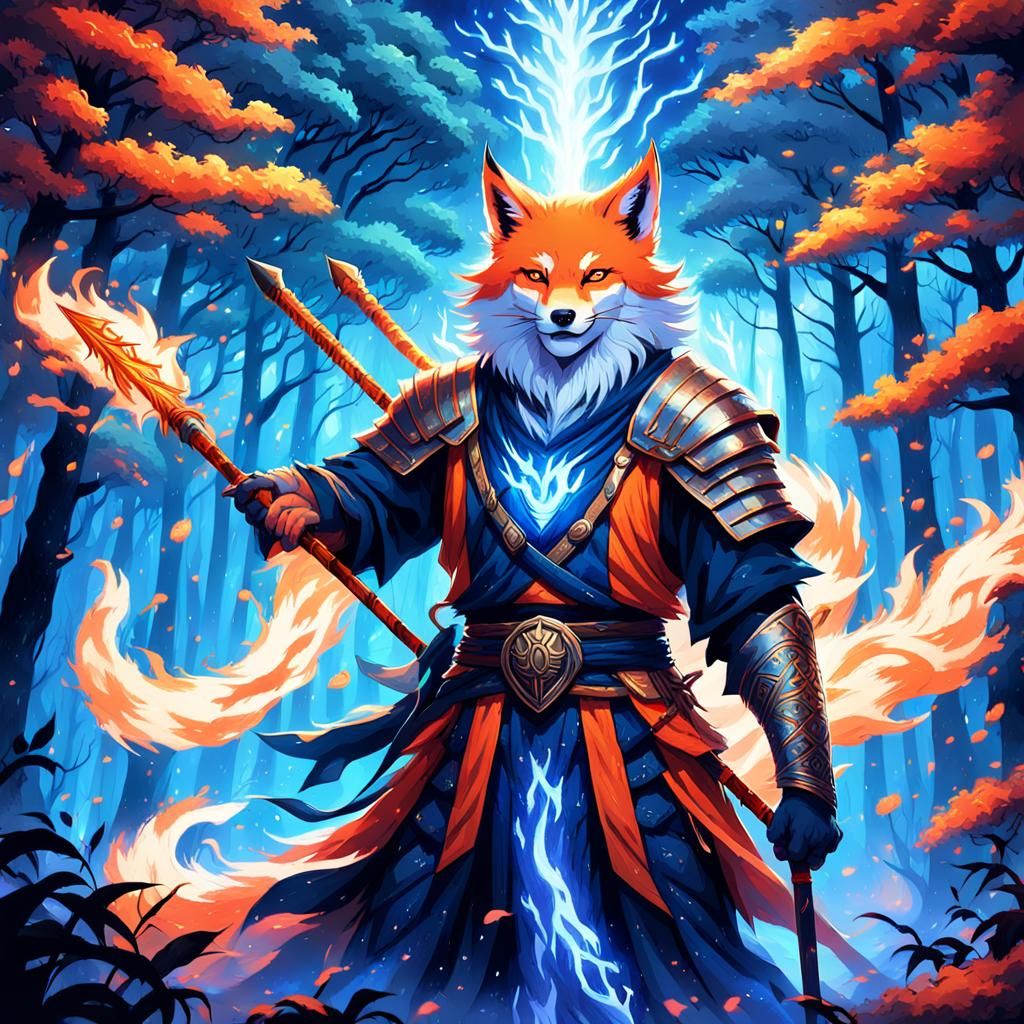 Kitsune Spearman in Mystical Forest, Digital Art