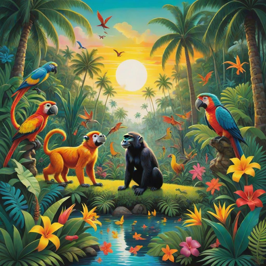 Vibrant Tropical Paradise Gathering in Whimsical Twilight