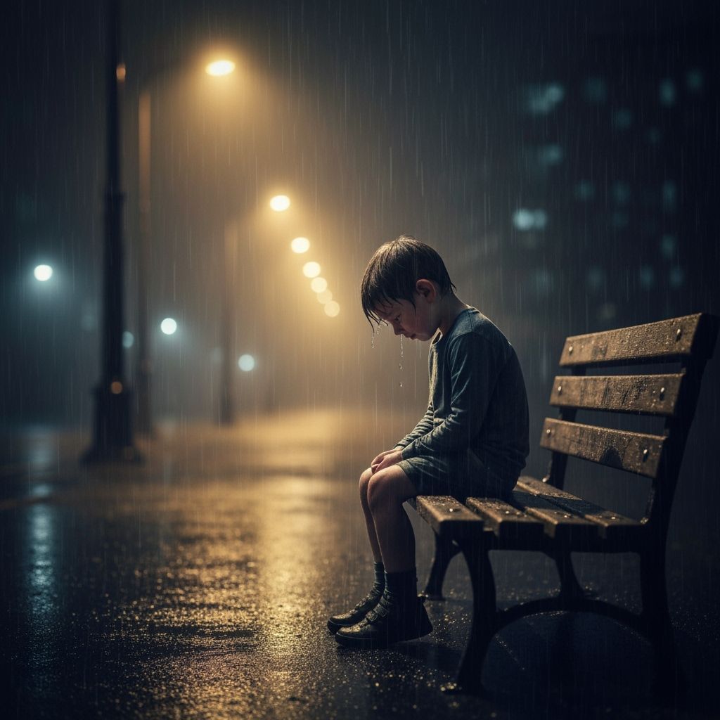 Child Alone in Rainy Night Cityscape